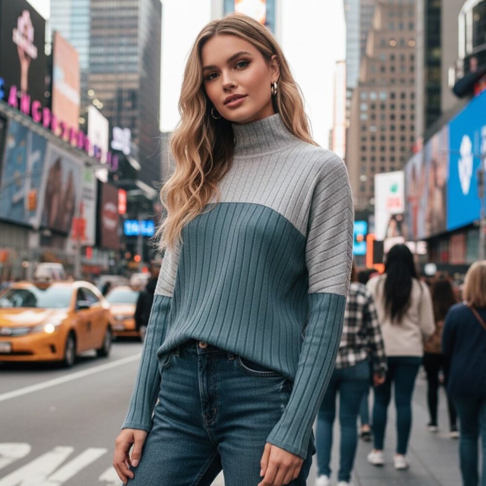Colorblock Ribbed Turtle Neck Long Sleeve Top - Soft & Stretchy Size L 8/10